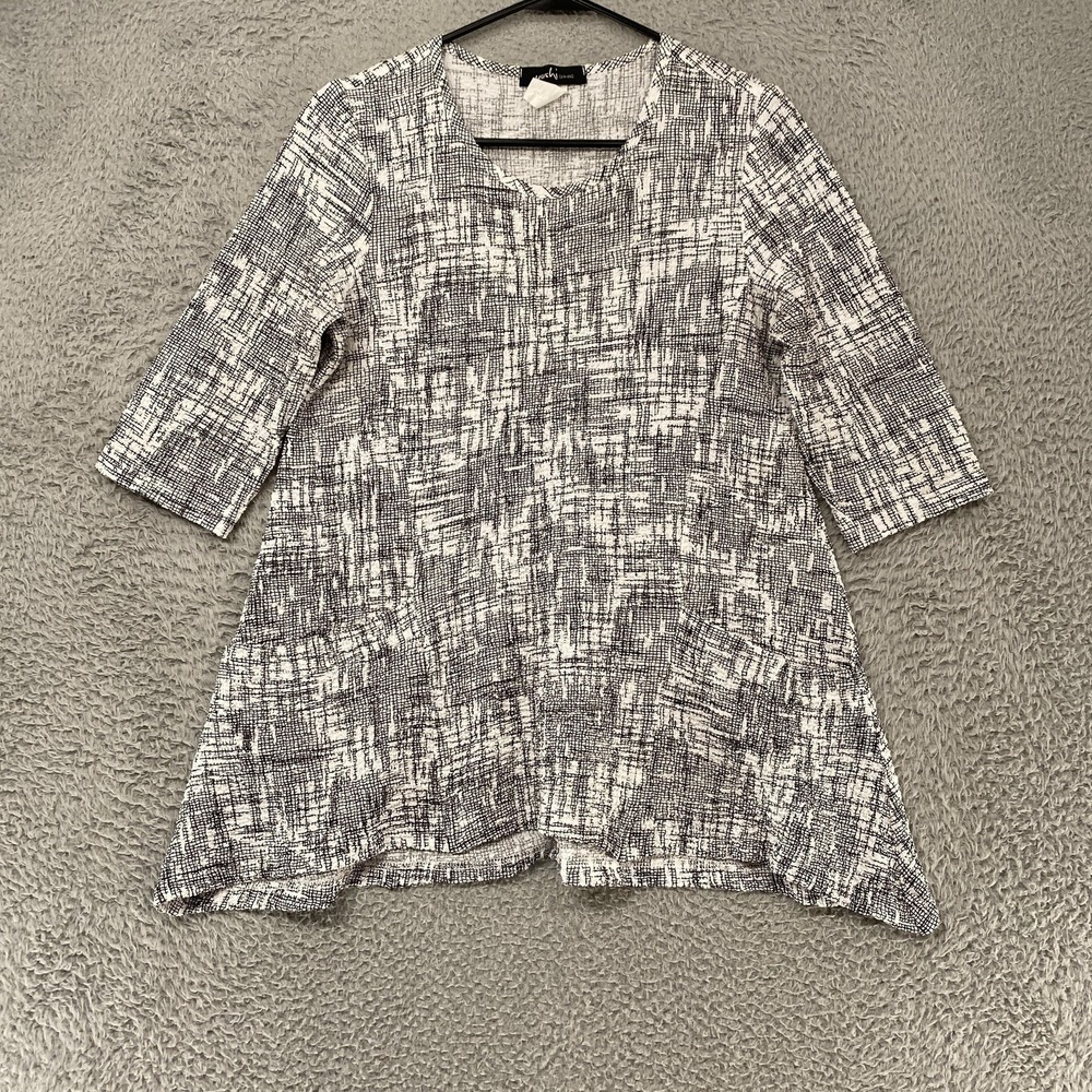 Yushi Tunic Top Womens Small White Abstract Knit 3/4 Sleeve Pockets Artsy USA